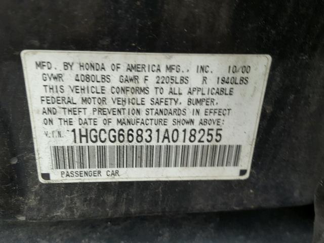 1HGCG66831A018255 - 2001 HONDA ACCORD EX BLACK photo 10