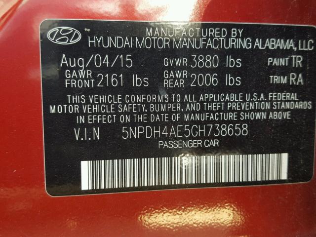 5NPDH4AE5GH738658 - 2016 HYUNDAI ELANTRA SE RED photo 10