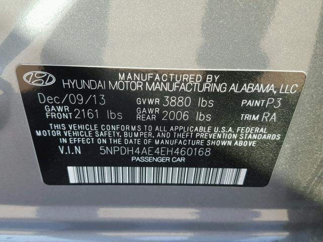 5NPDH4AE4EH460168 - 2014 HYUNDAI ELANTRA SE GRAY photo 10