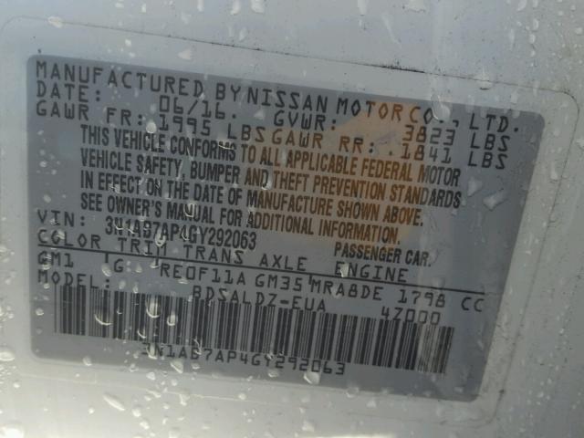 3N1AB7AP4GY292063 - 2016 NISSAN SENTRA S WHITE photo 10