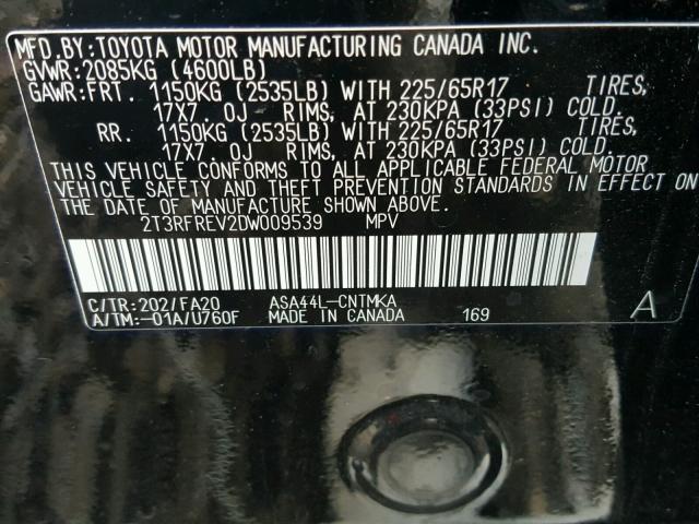 2T3RFREV2DW009539 - 2013 TOYOTA RAV4 XLE BLACK photo 10