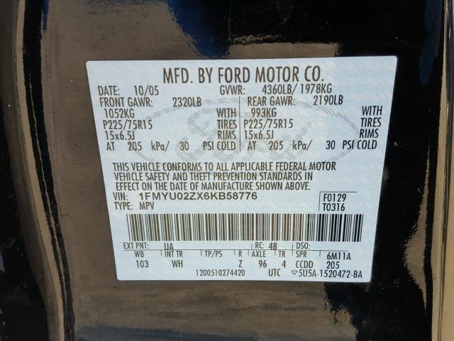 1FMYU02ZX6KB58776 - 2006 FORD ESCAPE XLS BLACK photo 10