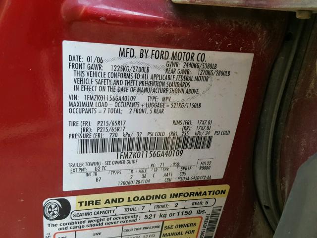 1FMZK01156GA40109 - 2006 FORD FREESTYLE RED photo 10