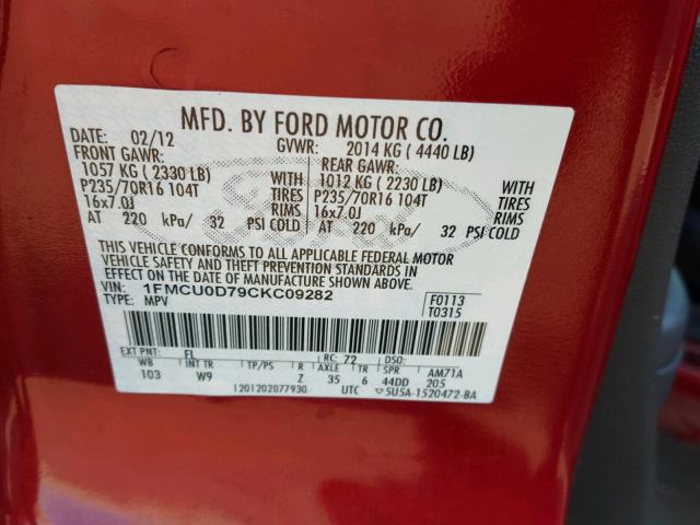 1FMCU0D79CKC09282 - 2012 FORD ESCAPE XLT BURGUNDY photo 10