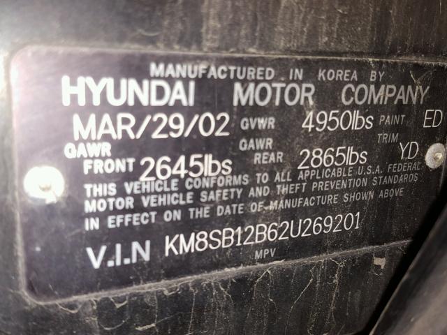 KM8SB12B62U269201 - 2002 HYUNDAI SANTA FE G BLACK photo 10