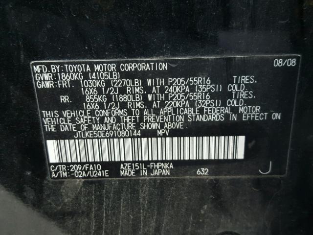 JTLKE50E691080144 - 2009 SCION XB BLACK photo 10