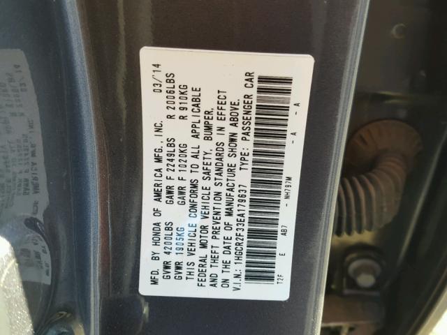 1HGCR2F33EA179637 - 2014 HONDA ACCORD LX GRAY photo 10