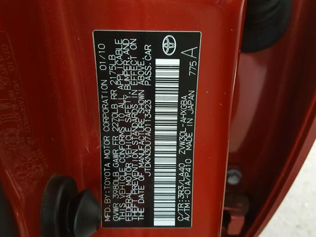 JTDKN3DU7A0113423 - 2010 TOYOTA PRIUS RED photo 10