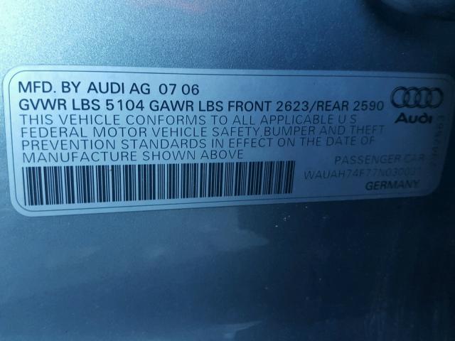 WAUAH74F77N030031 - 2007 AUDI A6 3.2 GRAY photo 10