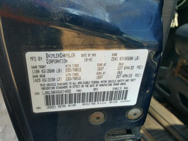 1J8GL58K02W214892 - 2002 JEEP LIBERTY LI BLUE photo 10