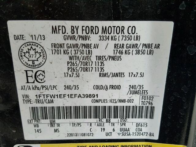 1FTFW1EF1EFA39891 - 2014 FORD F150 SUPER BLACK photo 10