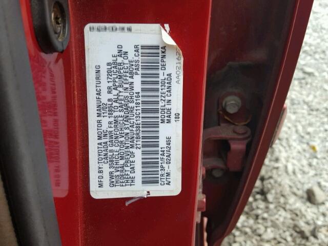 2T1BR38E13C118164 - 2003 TOYOTA COROLLA CE RED photo 10