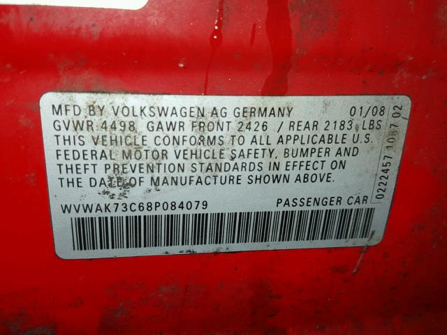 WVWAK73C68P084079 - 2008 VOLKSWAGEN PASSAT KOM RED photo 10