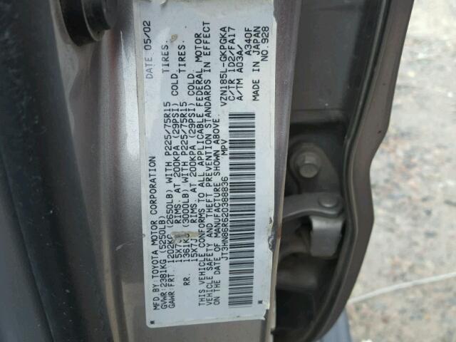 JT3HN86R620388836 - 2002 TOYOTA 4RUNNER SR GRAY photo 10