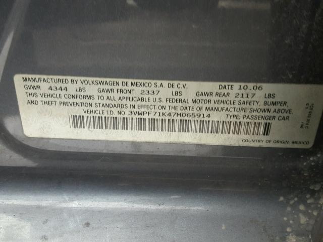 3VWPF71K47M065914 - 2007 VOLKSWAGEN JETTA 2.5 GRAY photo 10