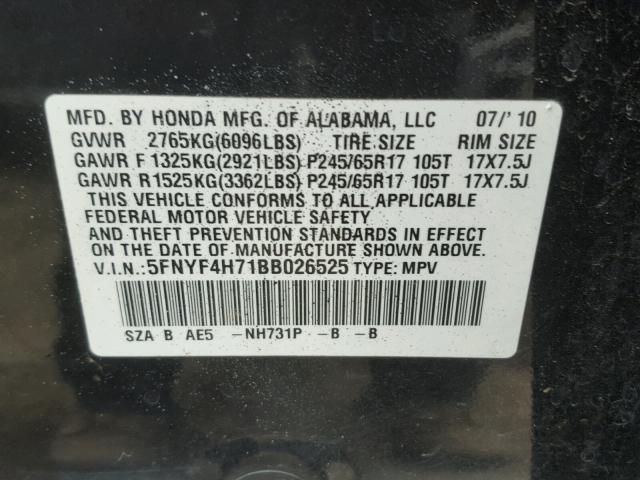 5FNYF4H71BB026525 - 2011 HONDA PILOT EXLN BLACK photo 10