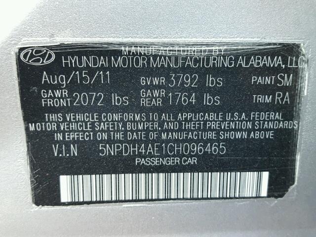 5NPDH4AE1CH096465 - 2012 HYUNDAI ELANTRA SILVER photo 10