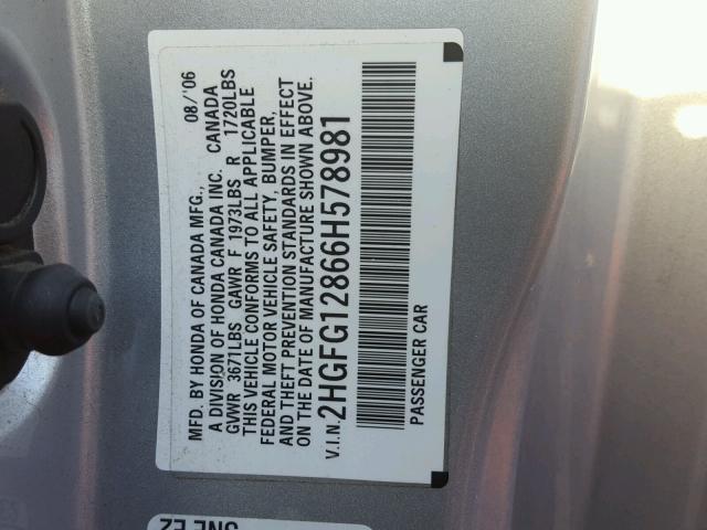 2HGFG12866H578981 - 2006 HONDA CIVIC EX SILVER photo 10