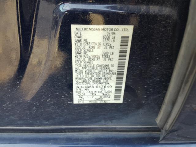 5N1AR18W56C647649 - 2006 NISSAN PATHFINDER BLUE photo 10