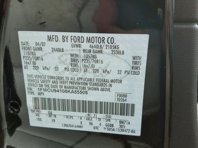 1FMCU94108KA55505 - 2008 FORD ESCAPE LIM BLACK photo 10