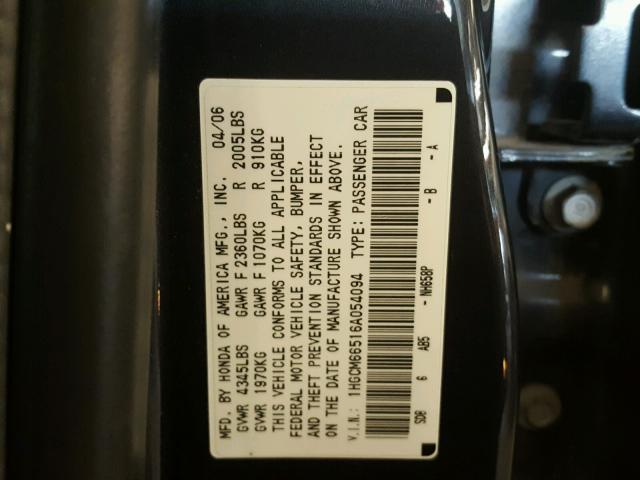 1HGCM66516A054094 - 2006 HONDA ACCORD EX BLACK photo 10