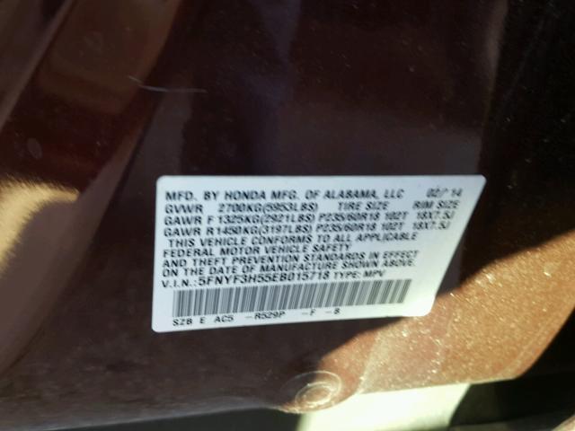 5FNYF3H55EB015718 - 2014 HONDA PILOT EXL BURGUNDY photo 10