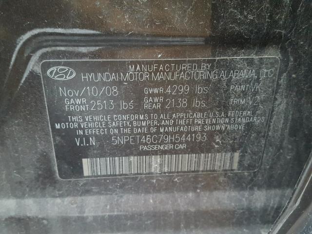 5NPET46C79H544193 - 2009 HYUNDAI SONATA GLS CHARCOAL photo 10