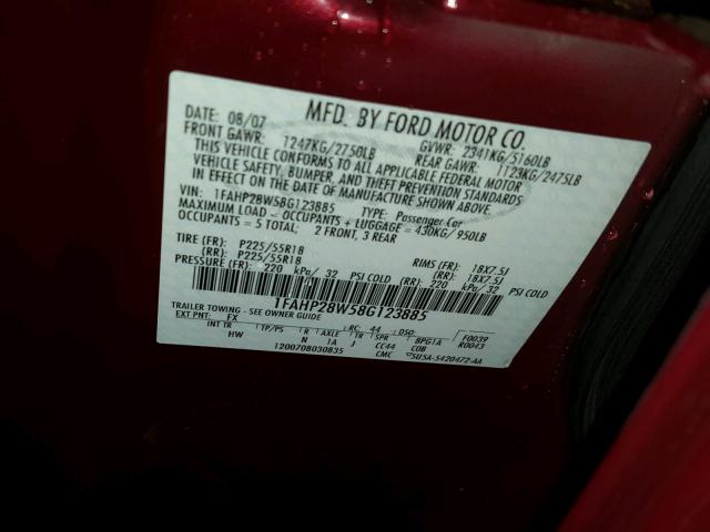 1FAHP28W58G123885 - 2008 FORD TAURUS LIM RED photo 10