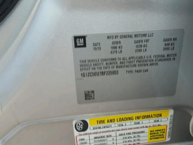 1G1ZC5EU7BF225953 - 2011 CHEVROLET MALIBU 1LT 银色 照片 10