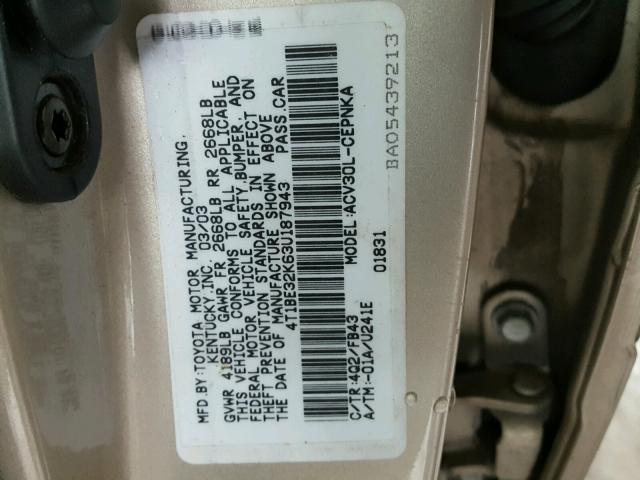 4T1BE32K63U187943 - 2003 TOYOTA CAMRY LE ოქროსფერი ფოტო 10