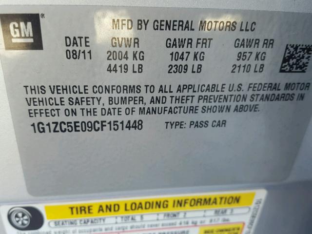 1G1ZC5E09CF151448 - 2012 CHEVROLET MALIBU 1LT 银色 照片 10