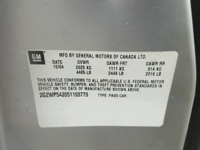 2G2WP542051193779 - 2005 PONTIAC GRAND PRIX SILVER photo 10