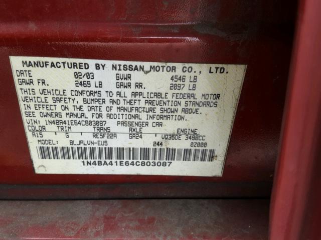 1N4BA41E64C803087 - 2004 NISSAN MAXIMA SE RED photo 10