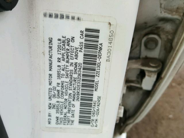 1NXBR32E33Z063420 - 2003 TOYOTA COROLLA CE WHITE photo 10