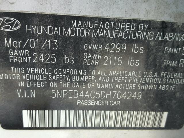 5NPEB4AC5DH704249 - 2013 HYUNDAI SONATA GLS SILVER photo 10