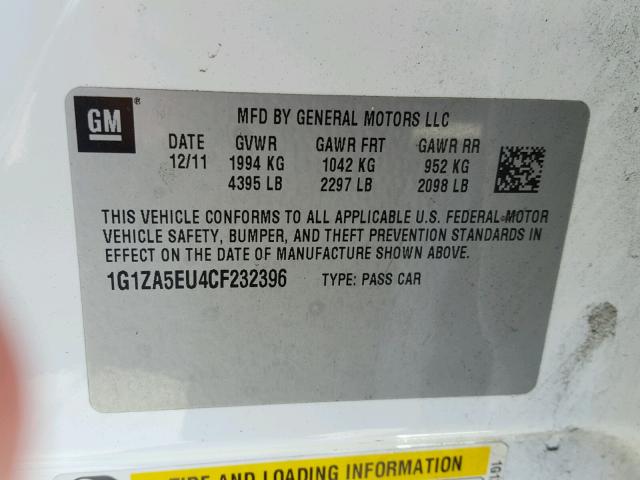 1G1ZA5EU4CF232396 - 2012 CHEVROLET MALIBU LS 白色 照片 10