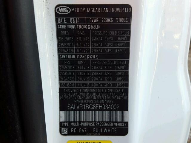 SALVR1BG8EH934002 - 2014 LAND ROVER RANGE ROVE WHITE photo 10