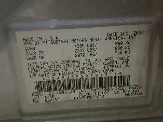 4A3AB36F28E013145 - 2008 MITSUBISHI GALANT ES SILVER photo 10