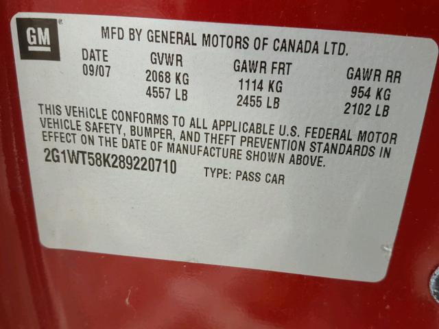 2G1WT58K289220710 - 2008 CHEVROLET IMPALA LT RED photo 10