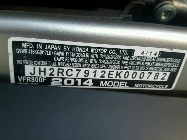 JH2RC7912EK000782 - 2014 HONDA VFR800 F RED photo 10