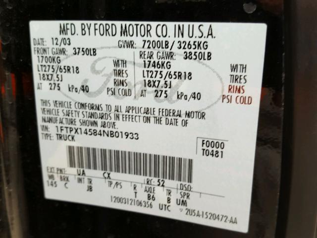 1FTPX14584NB01933 - 2004 FORD F150 BLACK photo 10