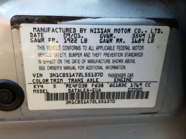 3N1CB51A72L551370 - 2002 NISSAN SENTRA GXE SILVER photo 10