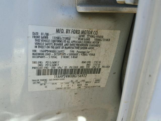 1FAHP24WX8G156922 - 2008 FORD TAURUS SEL WHITE photo 10