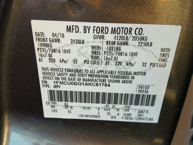 1FMCU0DG1AKC81784 - 2010 FORD ESCAPE XLT GRAY photo 10