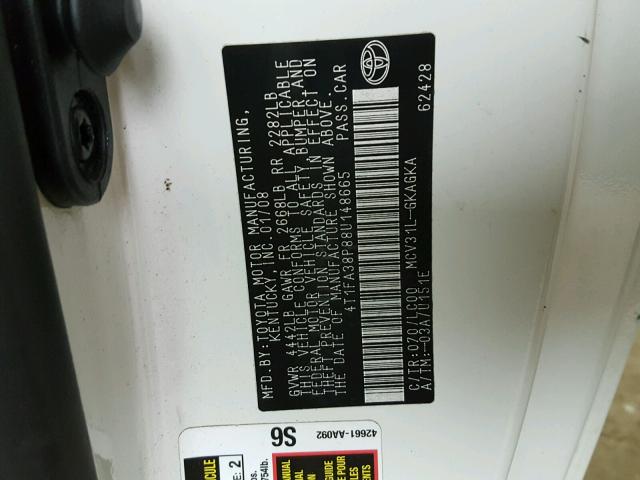 4T1FA38P88U148665 - 2008 TOYOTA CAMRY SOLA WHITE photo 10