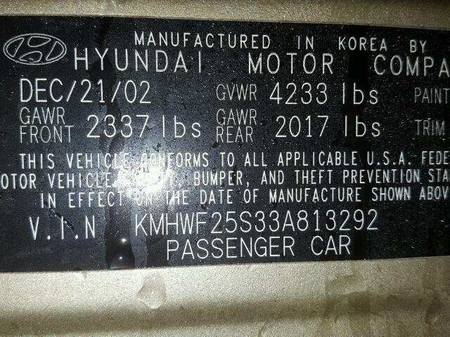 KMHWF25S33A813292 - 2003 HYUNDAI SONATA GL GOLD photo 10