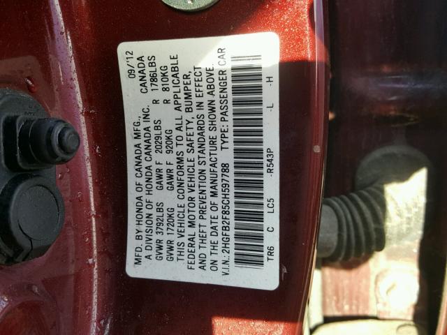 2HGFB2F85CH597788 - 2012 HONDA CIVIC EX RED photo 10