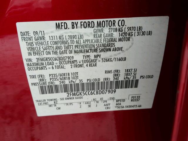 2FMGK5CC6CBD07909 - 2012 FORD FLEX SEL RED photo 10