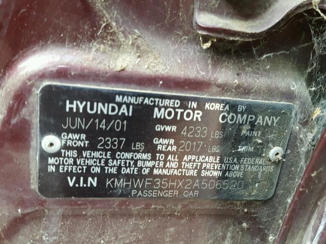 KMHWF35HX2A506520 - 2002 HYUNDAI SONATA GLS BURGUNDY photo 10