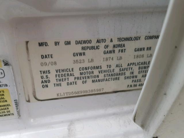 KL1TD56E99B385987 - 2009 CHEVROLET AVEO LS WHITE photo 10